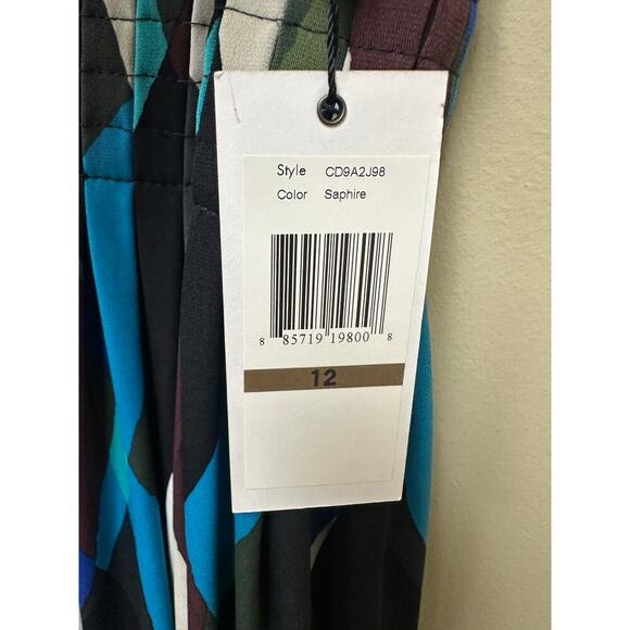 NWT Calvin Klein US 12 Sapphire Blue Geometric Sleeveless V-Neck Office Stretch - Picture 6 of 11